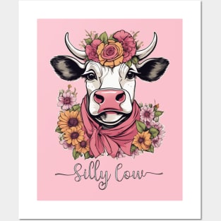 Silly cow heifer highland bovine floral pink design Posters and Art